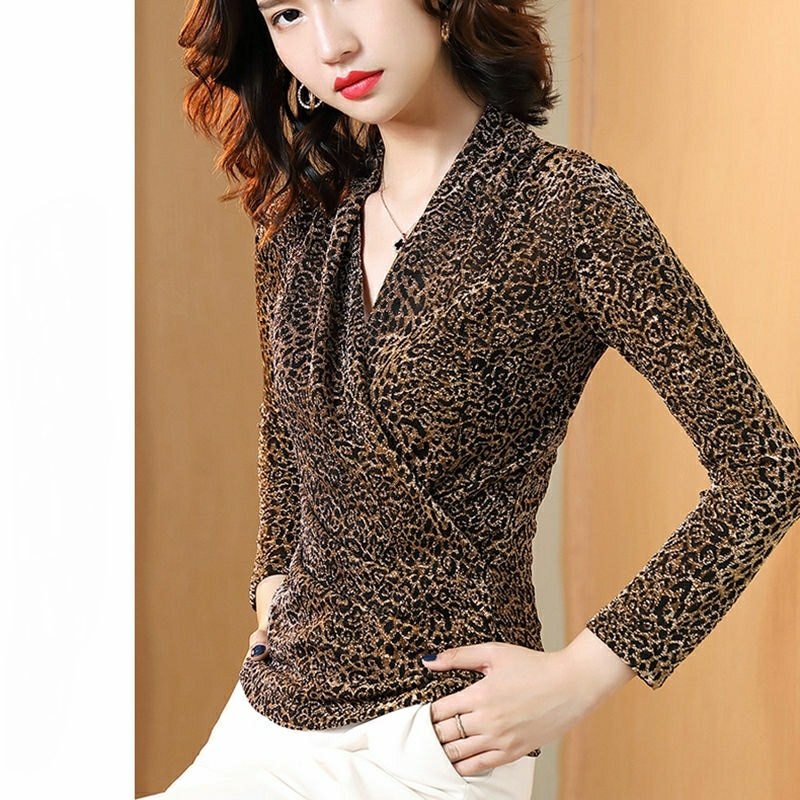 Women's Spring Autumn Style Blouses Shirt Women's Sequined Slim Leopard Printed Long Sleeve Elegant V-neck Tops DD8768 210225