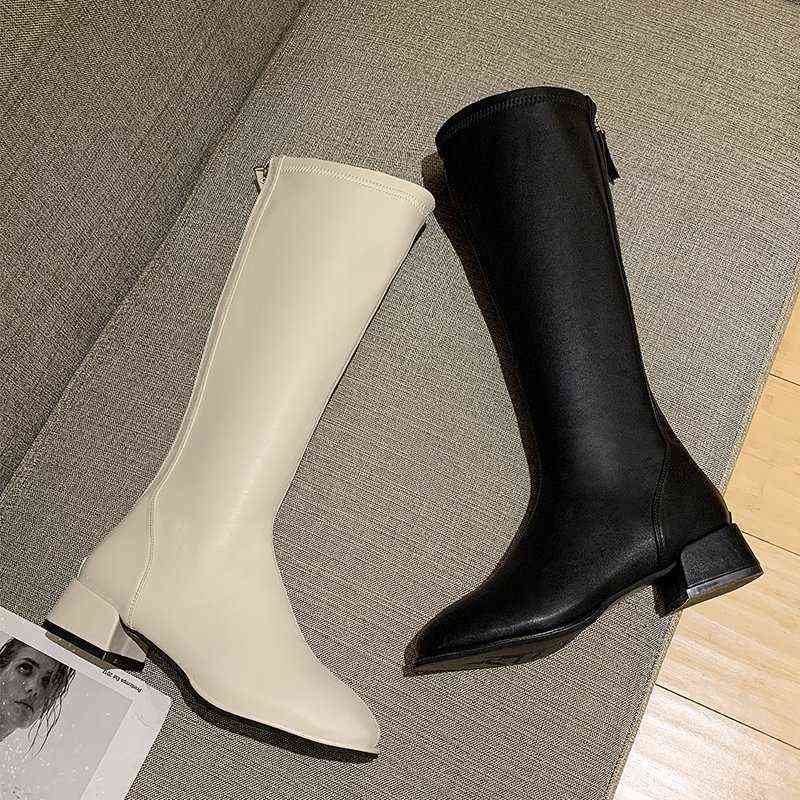 2021 Women Knee High Boots Female Leather Fetish Knight Boots Plus Size Booties Lady Low 4cm High Heels White Autumn Shoes Y1105