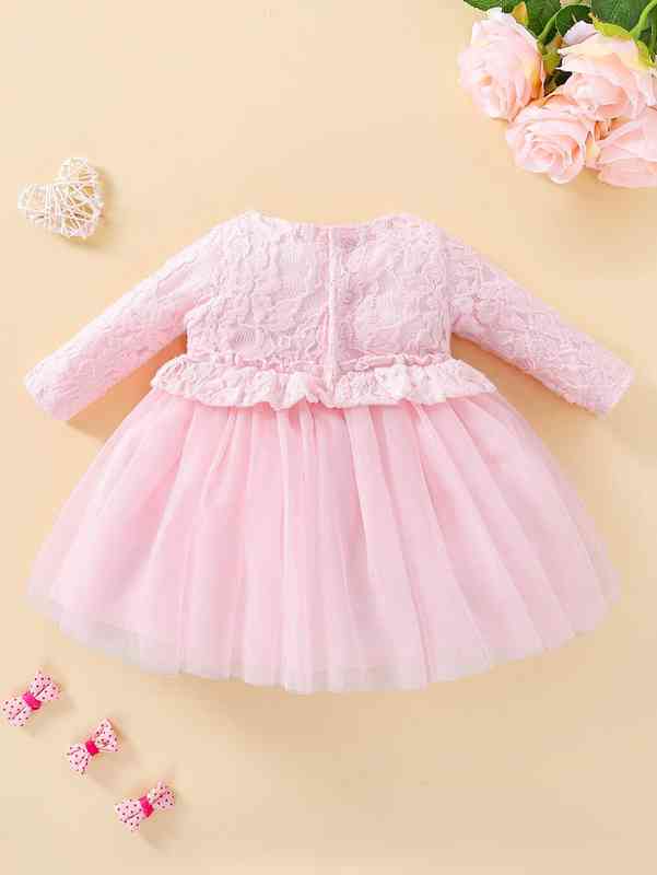 Baby Contrast Lace Stereo Flower Frill Trim Mesh Dress SHE