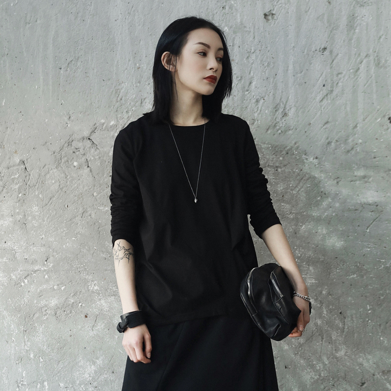 [EAM] 2021New Spring Autumn Round Neck Long Sleeve Black Fod Split Joint Loose Elastic T-shirt Women Fashion Tide JE82701S 210302