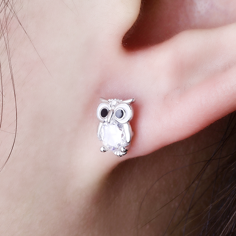 Authentic 925 Sterling Silver Animal Owl Cat Stud Earrings for Women Girls Fine Jewelry Gift Moda Bijoux