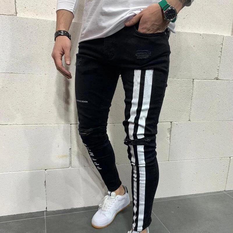 Men Skinny Denim Biker Jeans Side Striped Mens Ripped Pants Destroyed Hole Scratched Zipper Slim Fit Jean Trousers