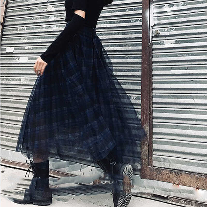 TWOTWINSTYLE Plaid Patchwork Mesh Women's Skirts High Waist Hit Color Elegant A Line Female Spring Fashion 210619