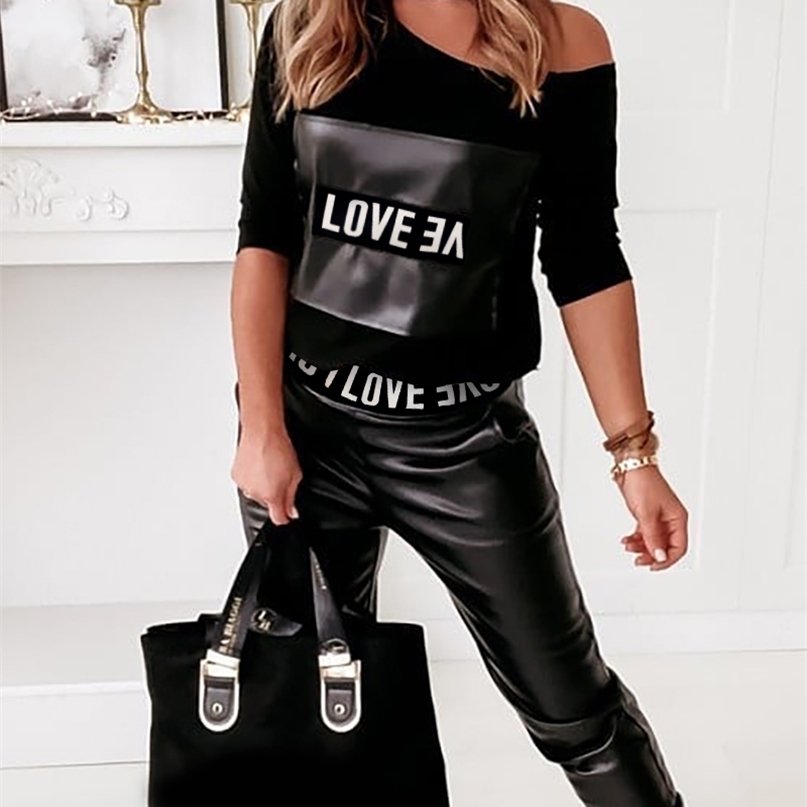 Spring Autumn Women's Letter Print Suit Set Femme Casual Long Sleeve One Shoulder Top & PU Leather Pants Ladies Outfit 211105