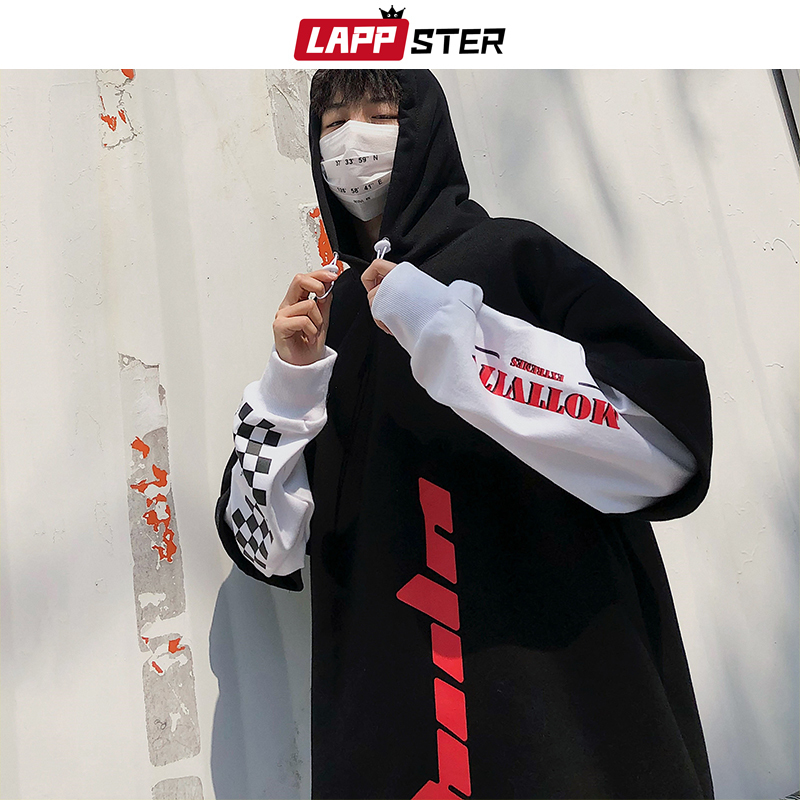 LAPPSTER Men Hip Hop Fleece Hoodies Man Winter Japanese Streetwear Sweatshirts Male Pullover Black Patchwork Hooded Hoodies 201020