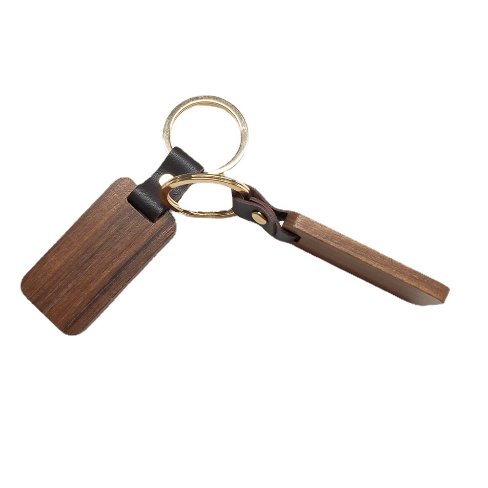 DIY Wooden Designer Keychains For Men Women Crafts Square Round Wood Chips PU Leather Keychain Wholesale
