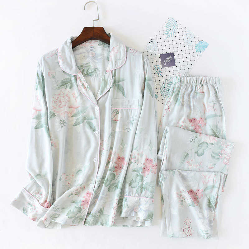 Japanese style spring and summer women's pajamas cotton silk long-sleeved trousers suit flower printing home service suit 210924