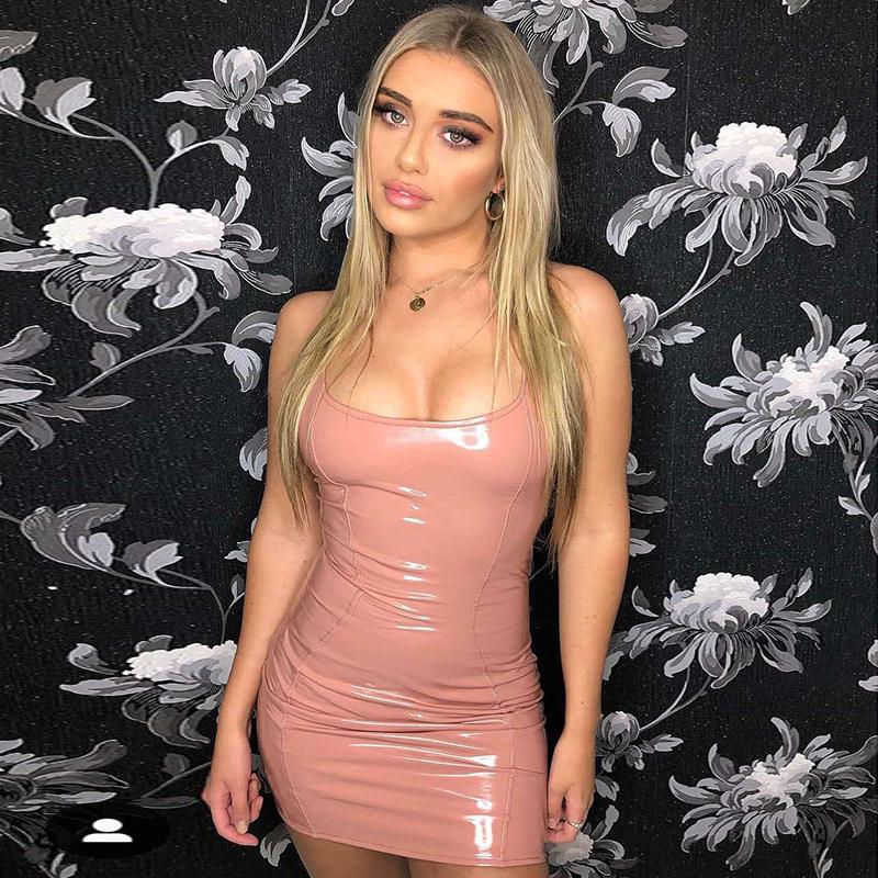 Casual Dresses Mini Summer Dress 2021 Sexy PU Leather Sleeveless Woman Party Night Club Wear Tight Neon Pink Bodycon