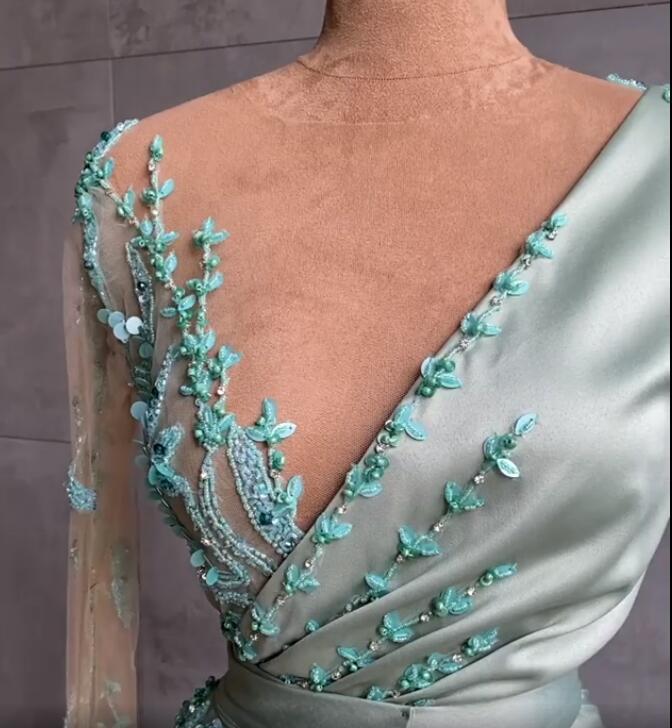 Arabic Aso Ebi Sage Sexy Mermaid Evening Dresses Beaded Sequins Prom Dress Sheer Neck Formal Party Second Reception Special Ocn Gowns Custom Made