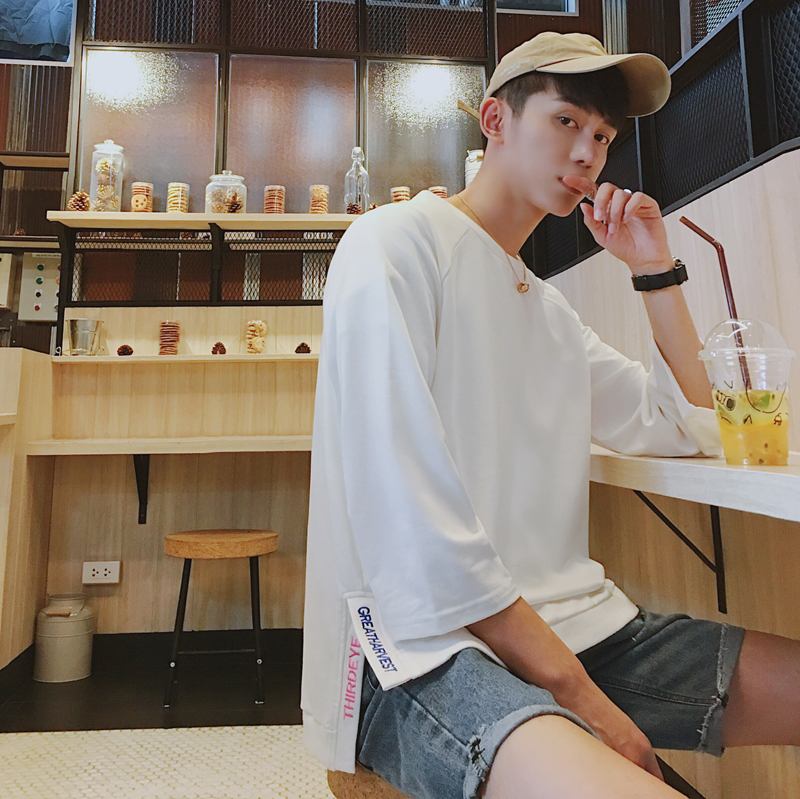 M 5XL New Mens fashion Seven long sleeved T shirt sleeve side slit solid color plus size round neck T shirt costumes T200224