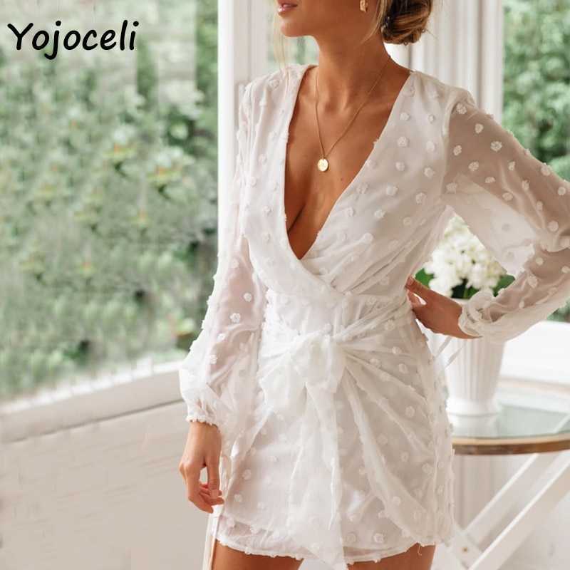 Yojoceli boho white chiffon jacquared dres v neck long sleeve chic female vestidos trendy autumn beach 210609