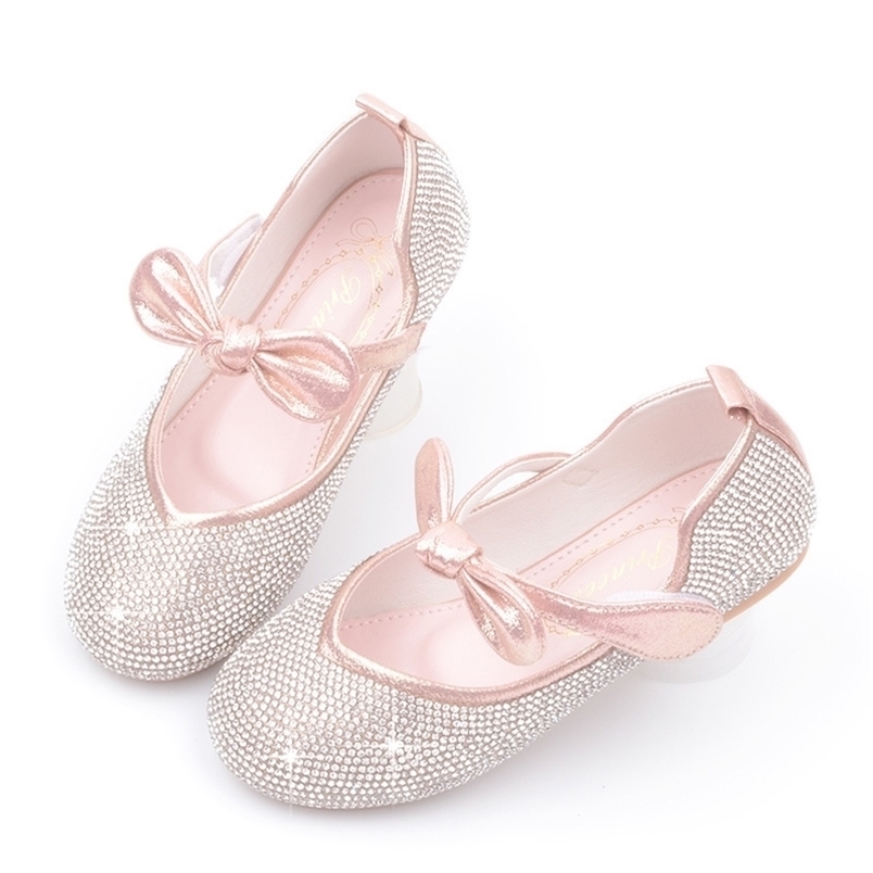 Cute Kids Girls Shoes Leather Princess for Casual Glitter Diamond Bow Children Loafers 211230