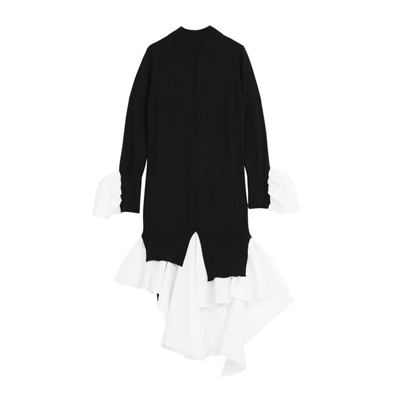 TWOTWINSTYLE Patchwork Casual Sweater For Women O Neck Long Sleeve Irregular Hem Loose Sweater Female Fall Fashion New Tide 210218