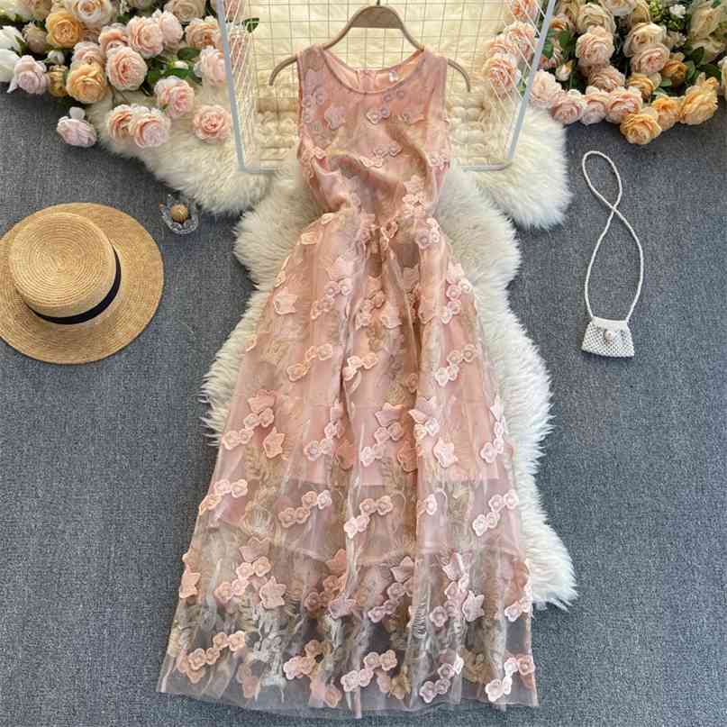 Women Fashion 3D Flower A-line Dress Round Neck Sleeveless High Waist Elegant Harajuku Vestido De Mujer R499 210527