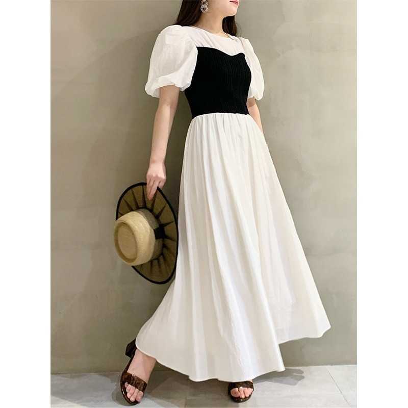 Summer Elegant Puff Sleeve Knit Patchwork Dresses for Women High Waist Silm Vestido Feminino Fashion Office Lady 210525