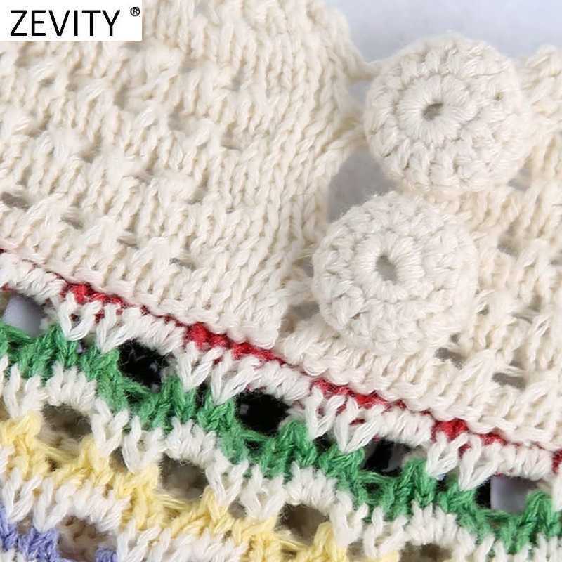 Zevity Women Stand Collar Rainbow Striped Casual Jacquard Knitting Sweater Female Chic Short Sleeve Pullovers Hollow Tops SW804 210918
