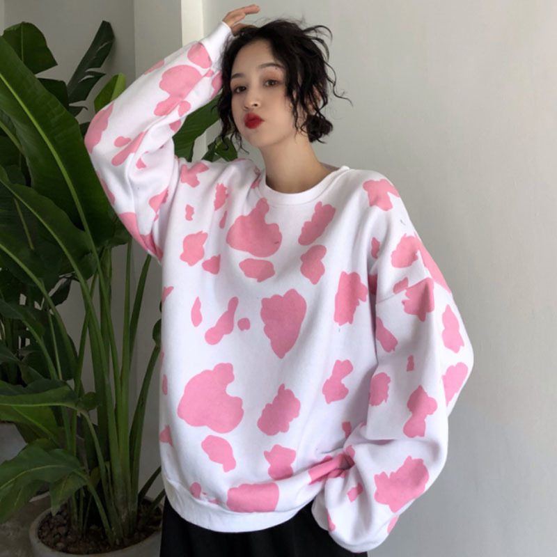 kawaii Korean Women's Clothing spring autumn oversize pullovers Dairy cow print women sweatshirt fashion vestidos femininos new T200311