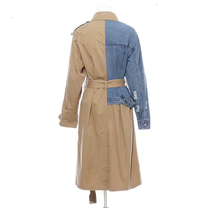TWOTWINSTYLE Asymmetrical Patchwork Denim Women's Trench Coats Lapel Collar Long Sleeve Loose Female Windbreaker Autumn New 210218