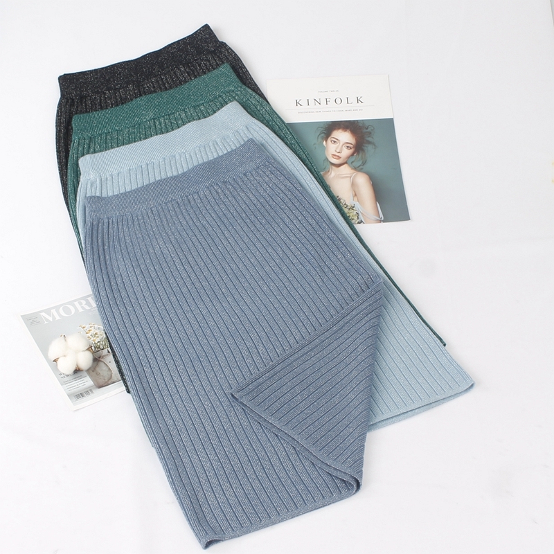 GIGOGOU Lurex Glitter High Waist Women Knitted Skirt Spring Autumn Fashion Rib Skirt Elegant Midi Female Casual Skirt 210309