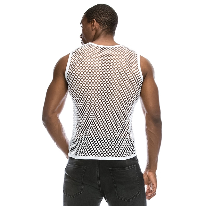 Mens See Through Black Mesh Fishnet Tanks Top Sexy Perspective Sleeveless Fitted Muscle Top Male Bodybuilding Top Tees 210308