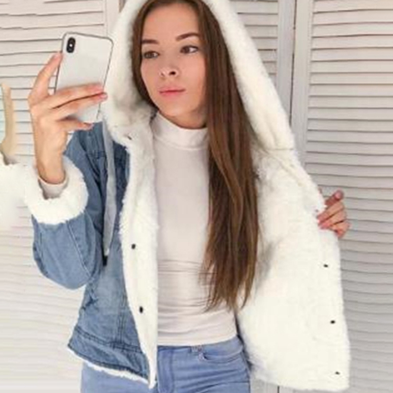 Fur jeans jacket women hooded short autumn winter denim women jacket coat plus size casual warm female coat outwear DR2335 201019