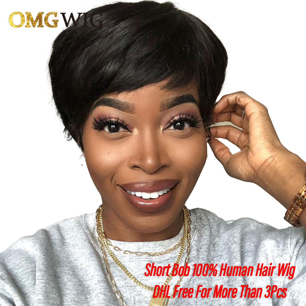 Short Human Hair Wigs Pixie Cut Straight Brazilian Remy Hair none Glueless Full lace front Wig With Bangs Fringe Black/brown Color