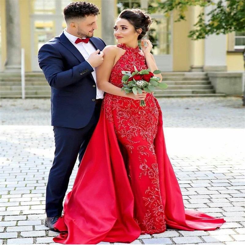 Elegant Red Mermaid Formal Evening Dresses With Overskirt Lace Appliques Beads Long Satin Reception Prom Gowns Court Train Arabic Dubai Special Occasi