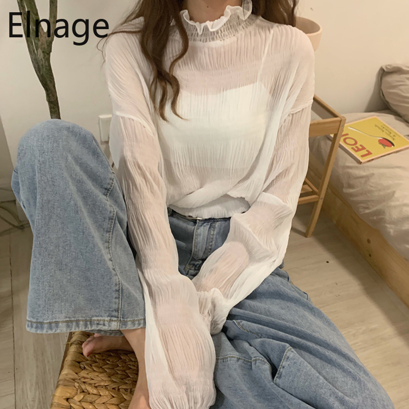 Elnage Spring New Korean Loose Half High Collar Bottoming Trumpet Long Sleeve Blouse with Lace Shirt for Women 5A176 210225