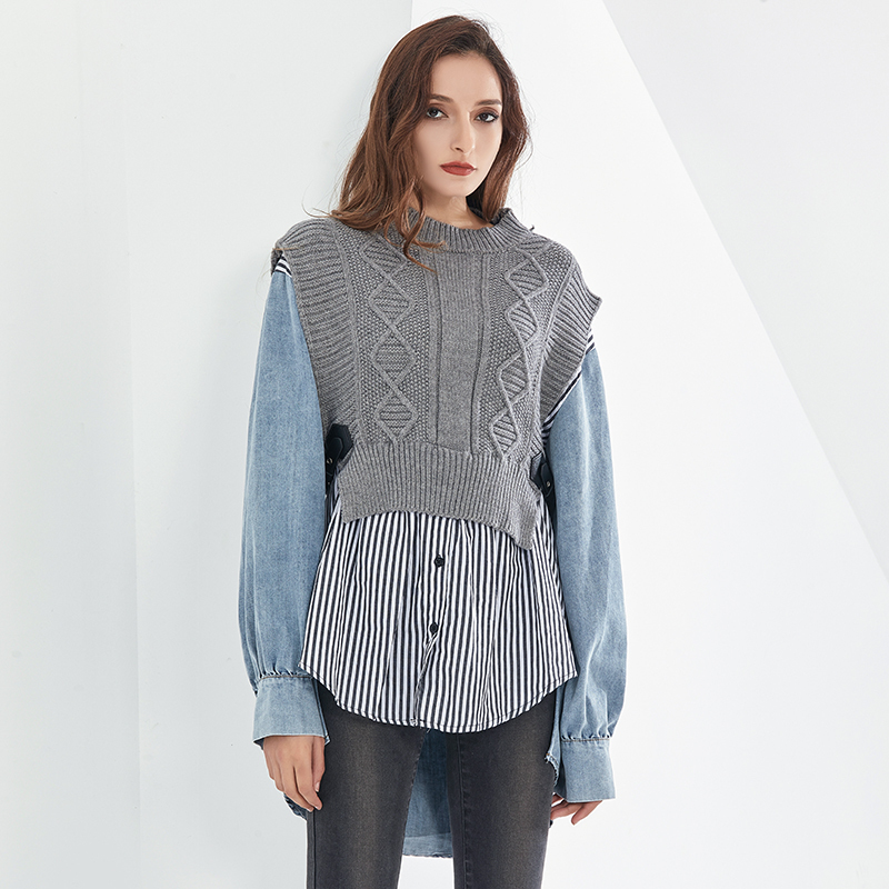 TWOTWINSTYLE Patchwork Striped Blouses For Women O Neck Long Sleeve Casual Oversized Knitted Shirts Female Autumn Clothing 210225