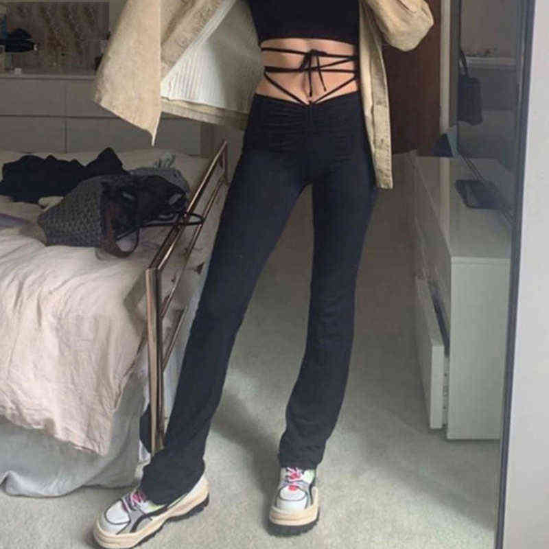 harajuku high waist hin thin Bandage Straight pants female quality activity trousers kpop street leisure party 211115
