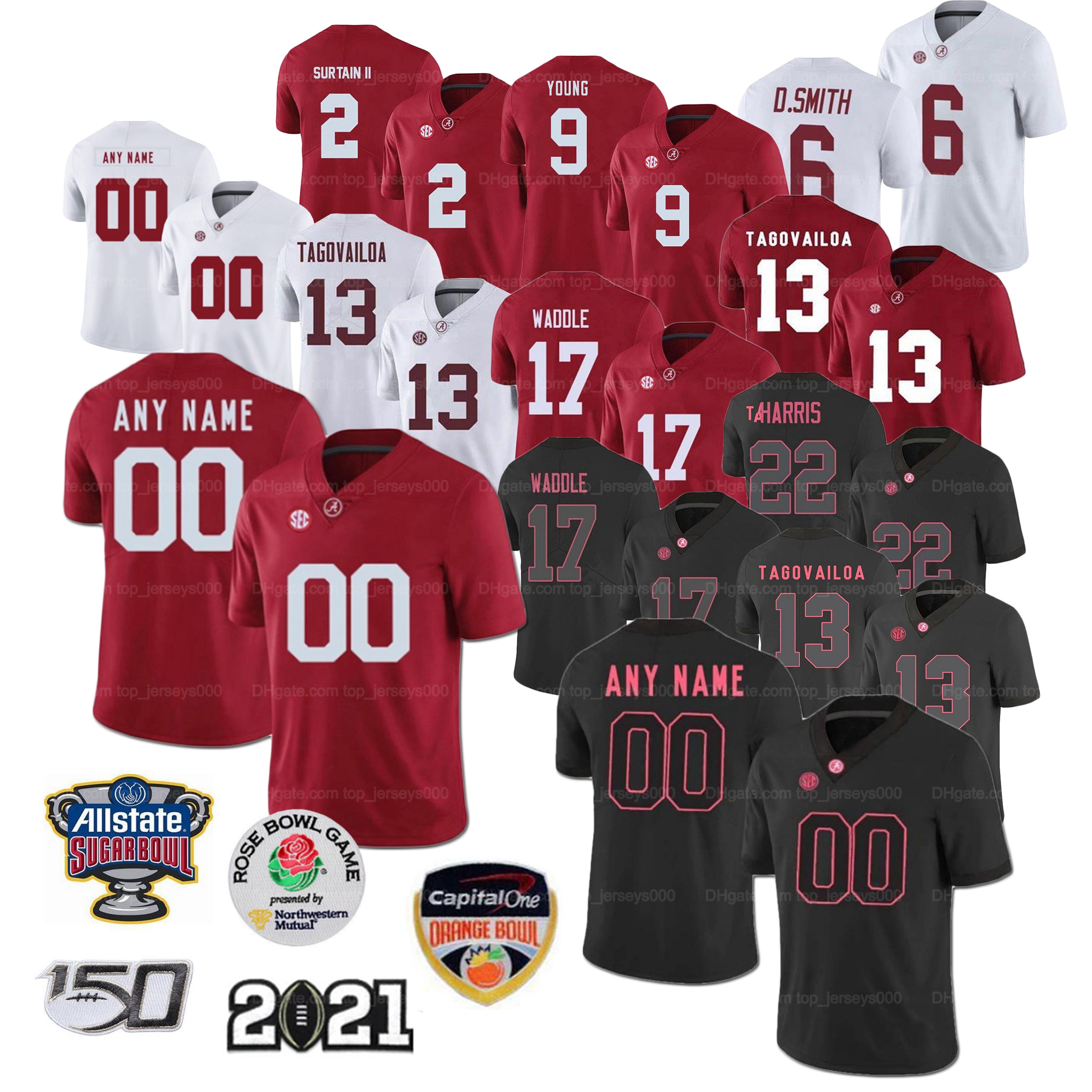Custom Alabama Crimson Tide College Football Jersey Jaylen Waddle Mac Jones Tua Tagovailoa Patrick Surtain II Bryce Young Devonta Smith Stitched White Red Black