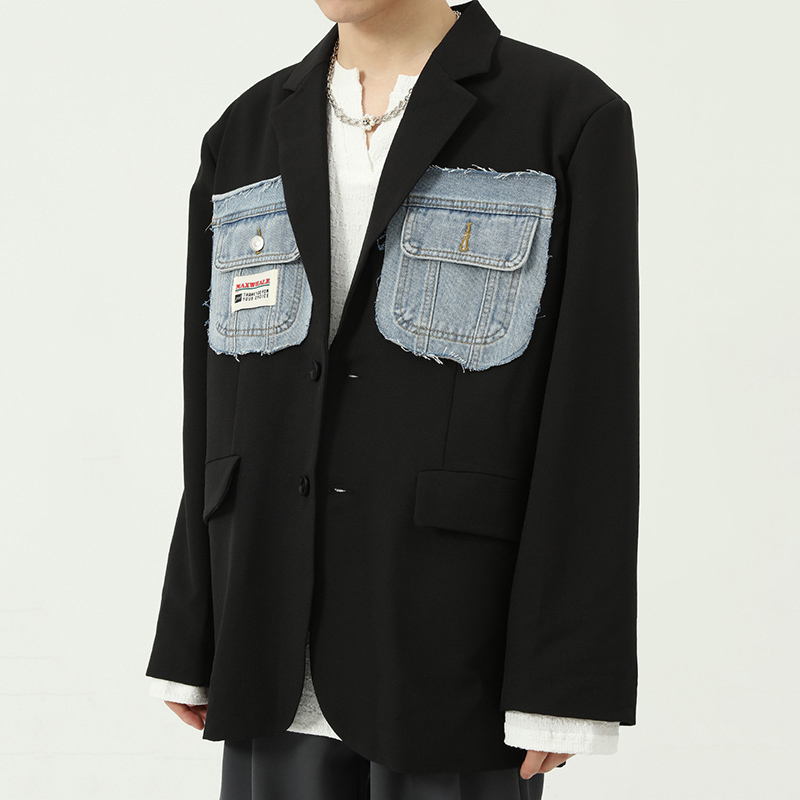 design New Denim Patchwork Double Pockets Casual Suit Jackcet For Men 2021 Autumn Korean Trend Loose Black Blazer 9Y9507, White;black
design New Denim Patchwork Double Pockets Casual Suit Jackcet For Men 2021 Autumn Korean Trend Loose Black Blazer 9Y9507, White;black