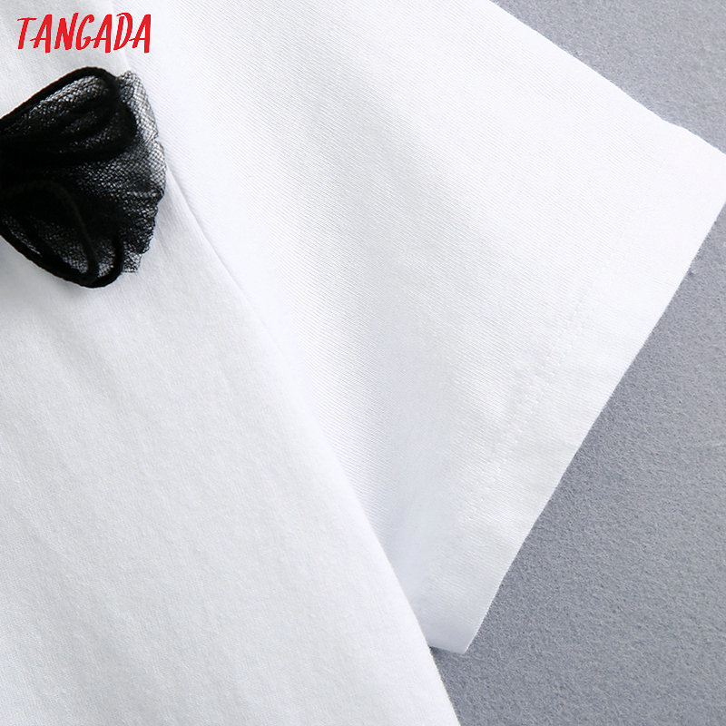 Tangada women bow tie decorate cotton T shirt short sleeve O neck tees ladies casual tee shirt top BE570 T200512