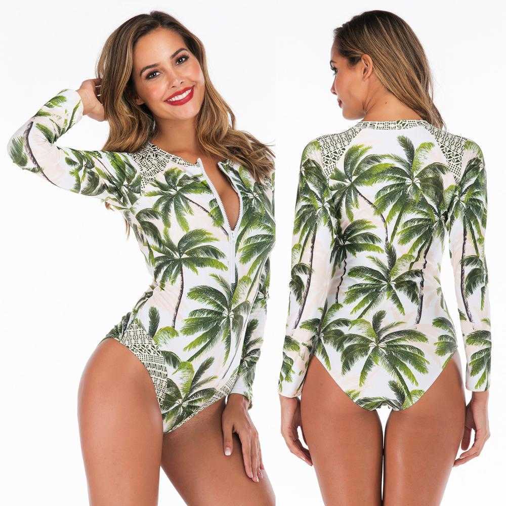Sexy Swimsuit Swimwear Women Long Sleeve Plus size Monokini Bodysuit Bathing Suit Surfing Jumpsuit 210625