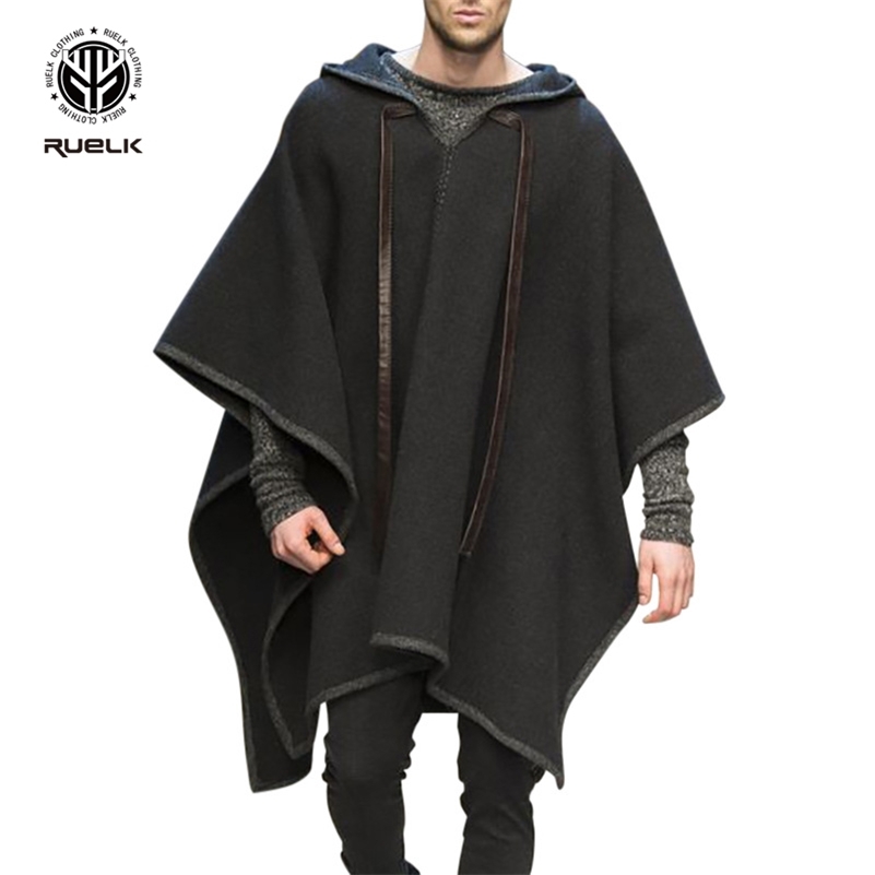 RUELK European And American Fashion Classic Solid Color Harajuku Hooded V-neck Men's Cloak Shawl Pullover Cloak Woolen Coat 211122
