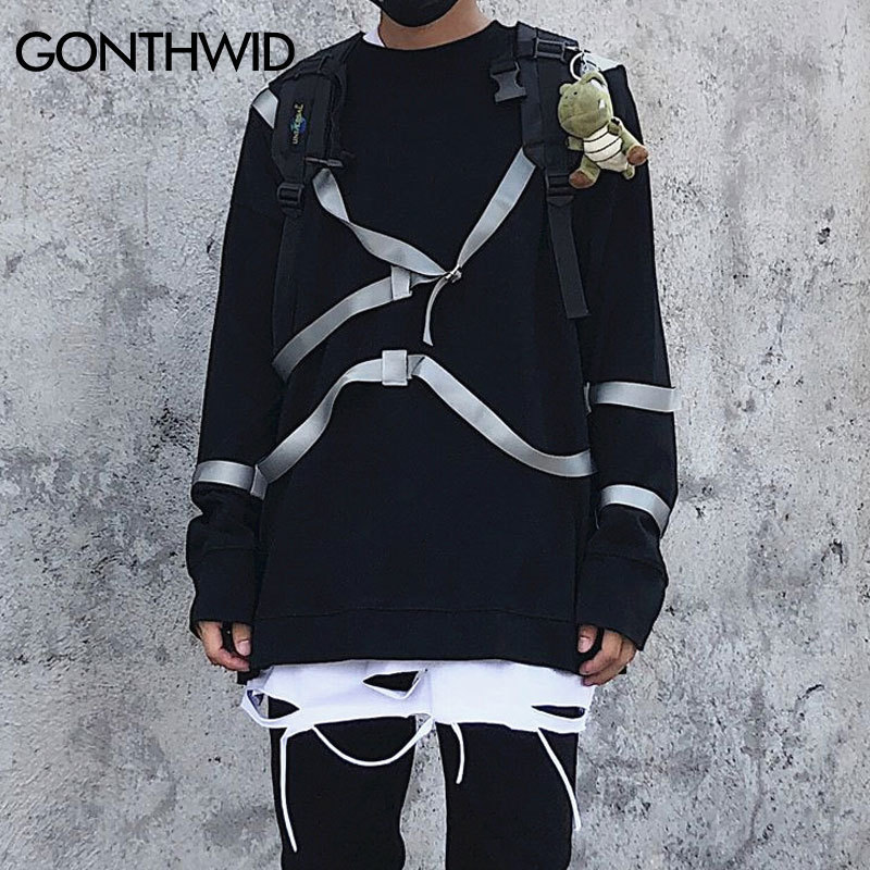 GONTHWID Ribbons Pullover Sweatshirts Hoodies Streetwear Men Hip Hop Punk Rock Solid Color Tops Hipster Fashion Casual Hoodie 201020