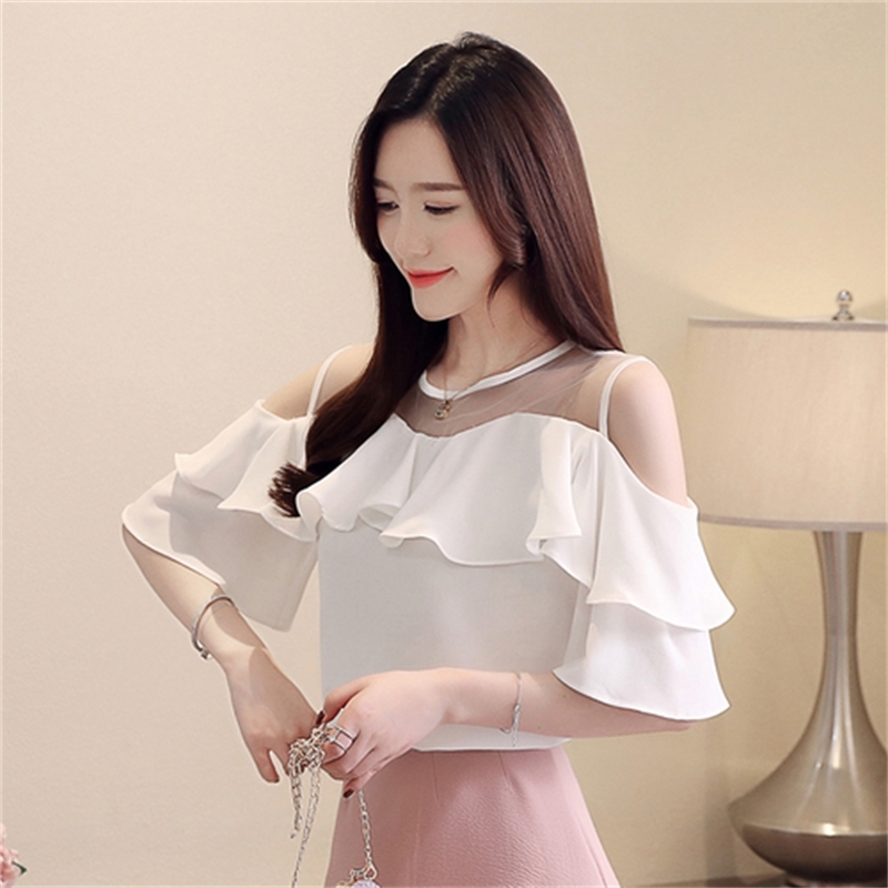 2021 Fashion Short Sleeve White Blouse Summer Women Blouses Chiffon Shirt Off Shoulder Womens Tops and Blouses Female 4206 50 210225
