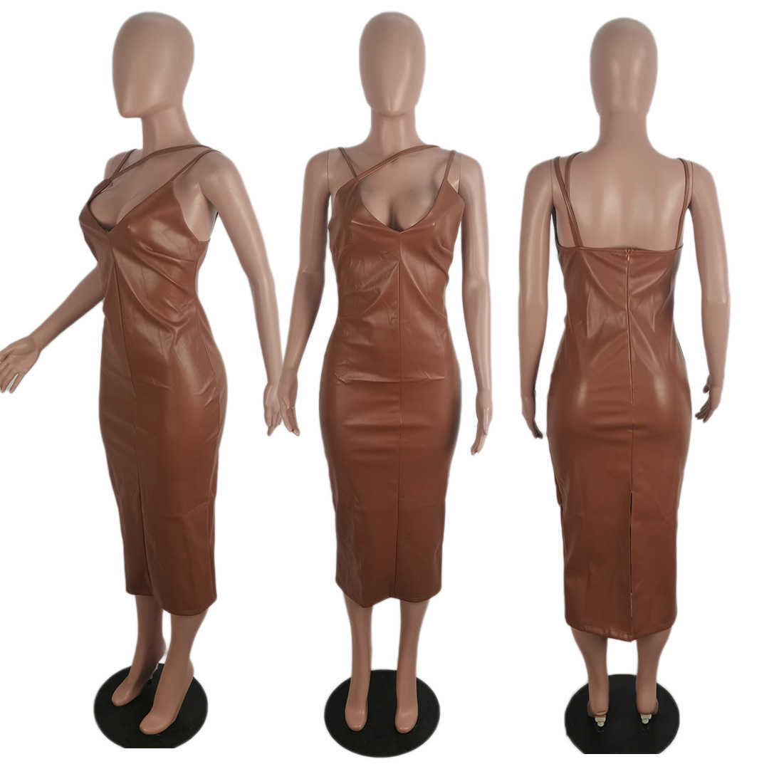 Women Sexy PU Leather Dress Elegant Bodycon Evening Party Midi Dress 210702