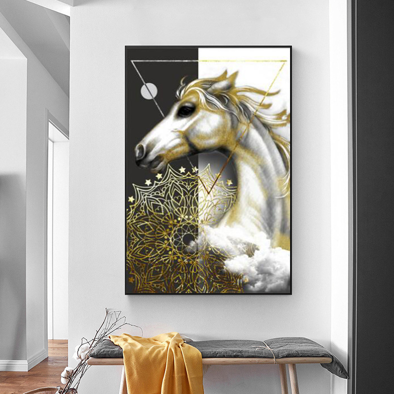Islamic Style Golden Horse Oil Painting on Canvas Art Mural Animal Poster Picture for European Classical Room Decoration