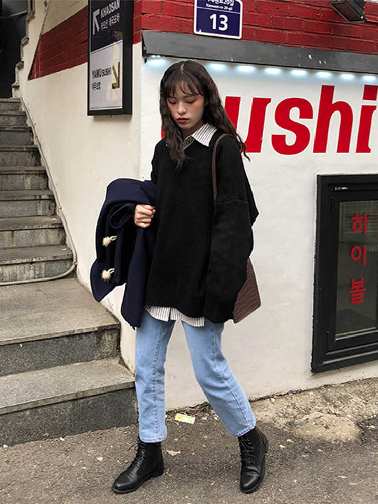 5 colors korean style loose v neck solid color knitted warm sweaters womens sweaters and pullovers (X164) 210918