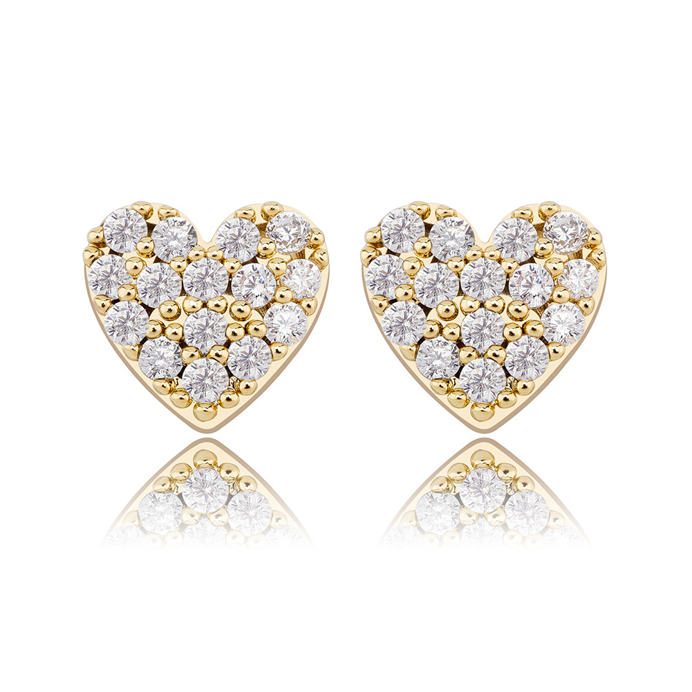 Hip Hop Heart Shape Stud Earring Bling 18K Real Gold Plated 925 Sterling Silver Prevent Allergy Earrings for Women Gift