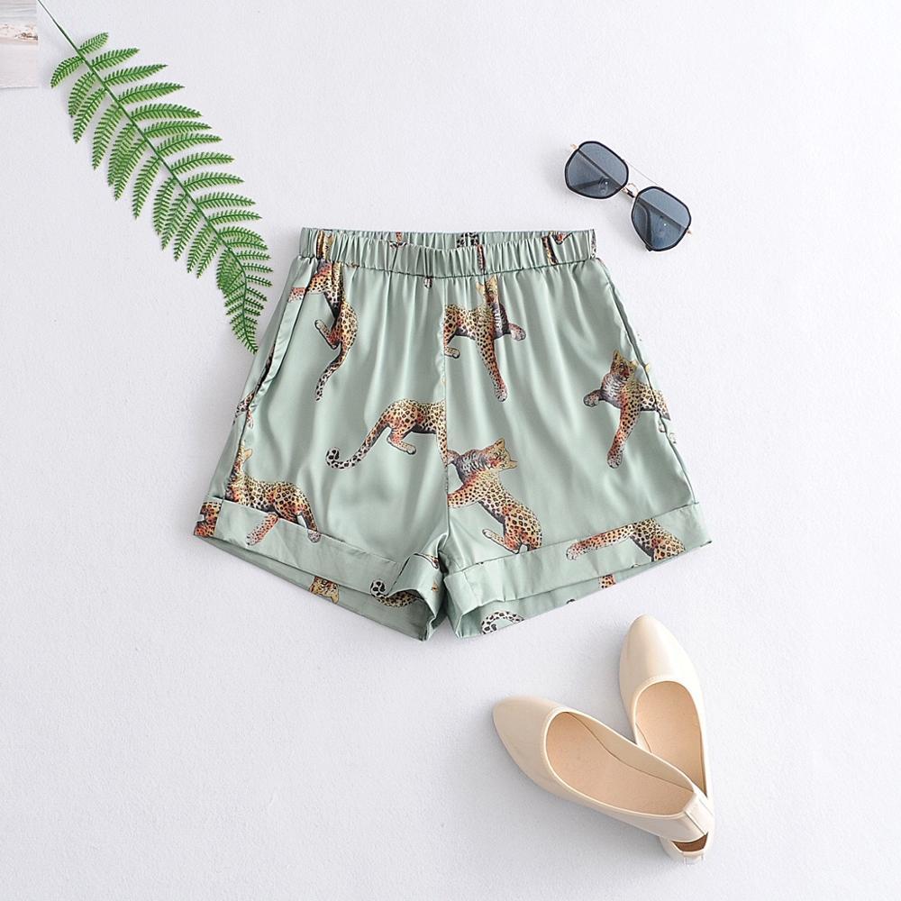 Animal Leopard Satin Short Shirt Pajama Suits Elastic Waist Wide Leg Shorts Women Loose Short Sleeve Blouse Tops 2 Pieces Set 210302