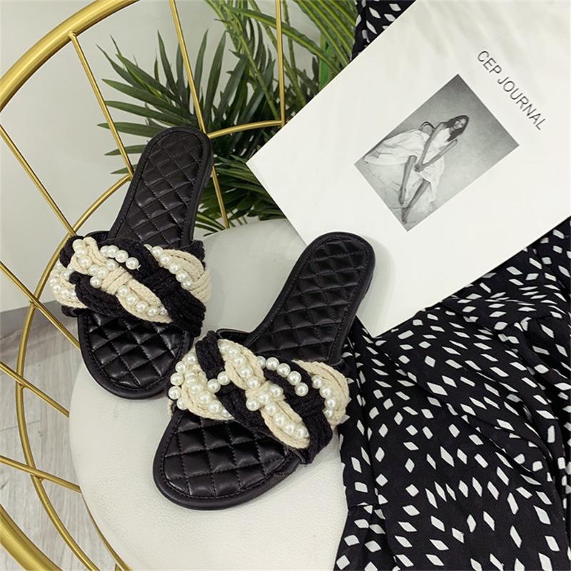 Sandals 2021 Fashion Women Summer Straw Twisted Rope Pearl Slippers Flat Black Diamond Comfortable Female Dress Slides