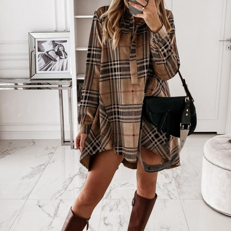 Autumn Plaid Printed Women's Mini Dress Long Sleeve Turn-Down Collar Button Female Dresses Streetwear Casual Loose Lady Clothes 210309