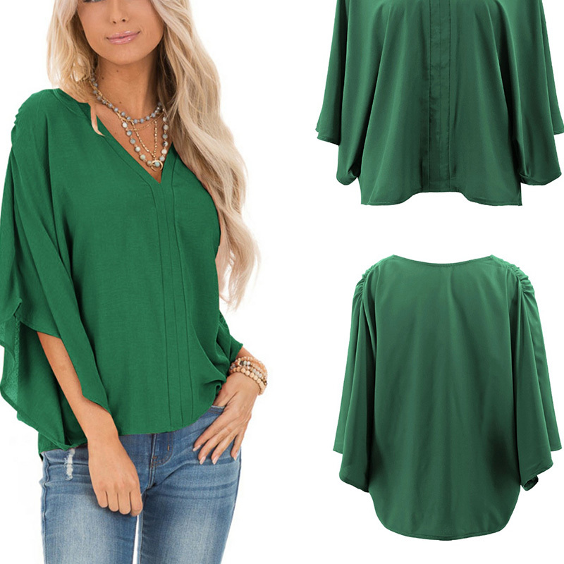 Droppshiping Women Lady V Neck Solid Color Loose Bat Sleeve T-shirt Fashion Top for Beach Party d88 210306