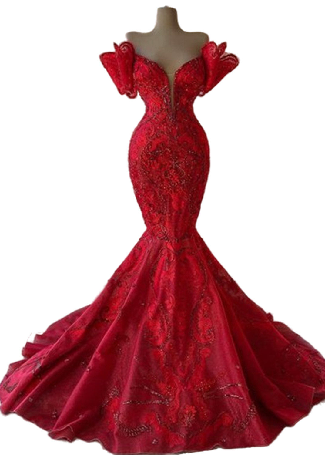 Plus Size Arabic Aso Ebi Red Luxurious Mermaid Prom Dresses Lace Beaded Evening Formal Party Second Reception Birthday Engagement Gowns Dress ZJ210