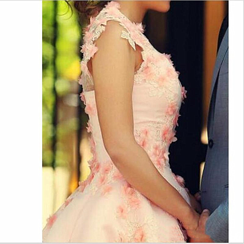 Spring Summer Blush Pink Short Wedding Dresses New 2021 A Line Satin Bridal Gowns 3D Flowers Lace Appliques Tea Length Garden Wedding Dress