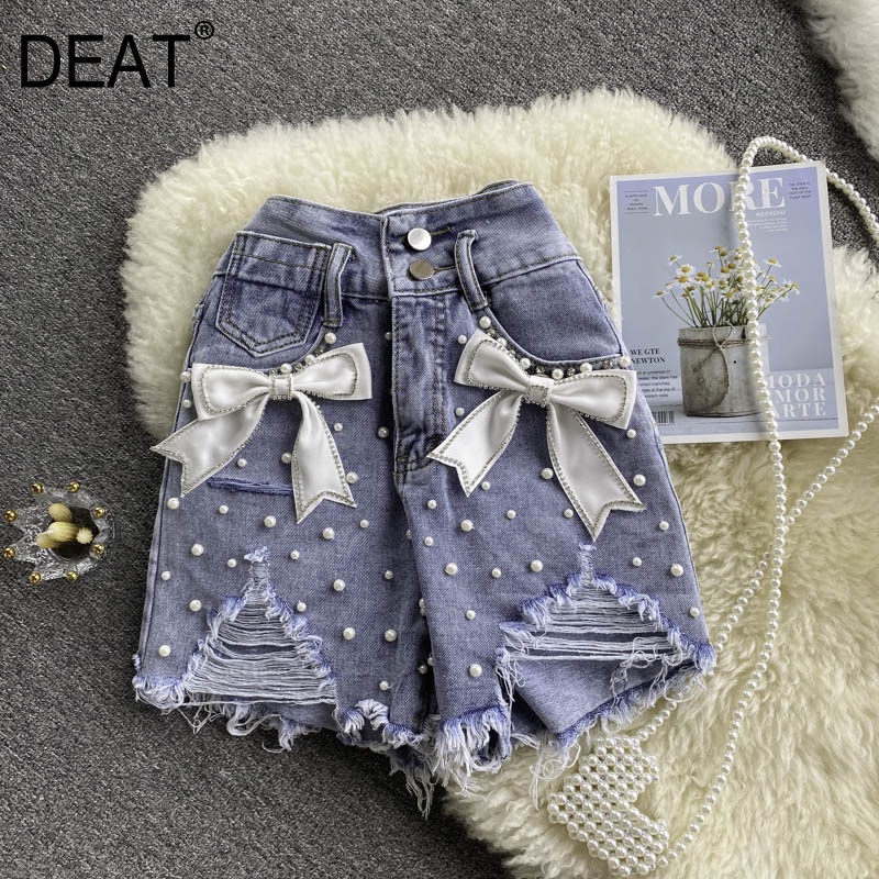Women Pearl Bow Burrs Asymmetrical Personality Denim Shorts High Waist Fashion Temperament Spring Summer 11D618 210525, Blue
Women Pearl Bow Burrs Asymmetrical Personality Denim Shorts High Waist Fashion Temperament Spring Summer 11D618 210525, Blue