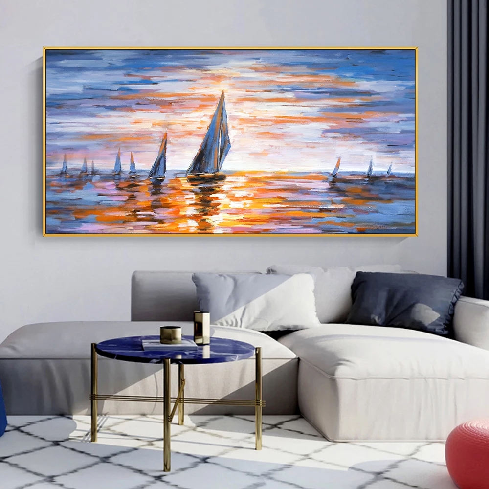 Sailboat Oil Painting Printed on Canvas Wall Art for Living Room Modern Home Decor Sunset Seascape Landscape Painting Colorful