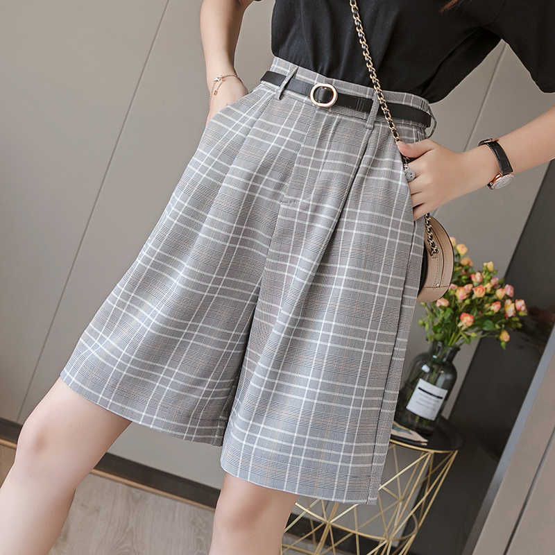 S-3XL Sashes Booty Shorts High Waist Summer Vintage Plaid Wide Leg Suits Short Women Elegant All Match Straight Belt Girl 210714